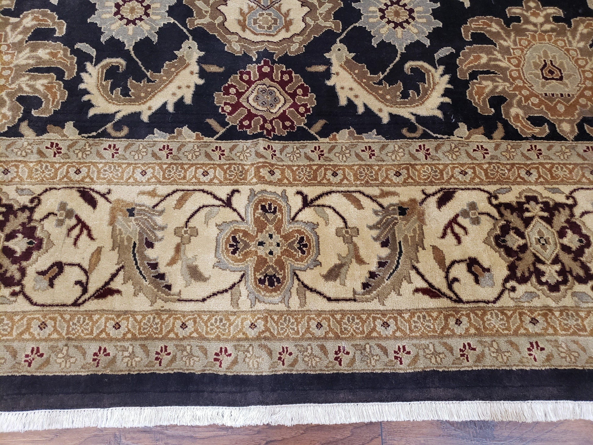 Indo Mahal Rug 8x12, Indian Sultanabad Handmade Area Rug, Vintage Hand-Knotted Wool Black Floral Traditional Oriental Dinning Room Rug - Nuvé