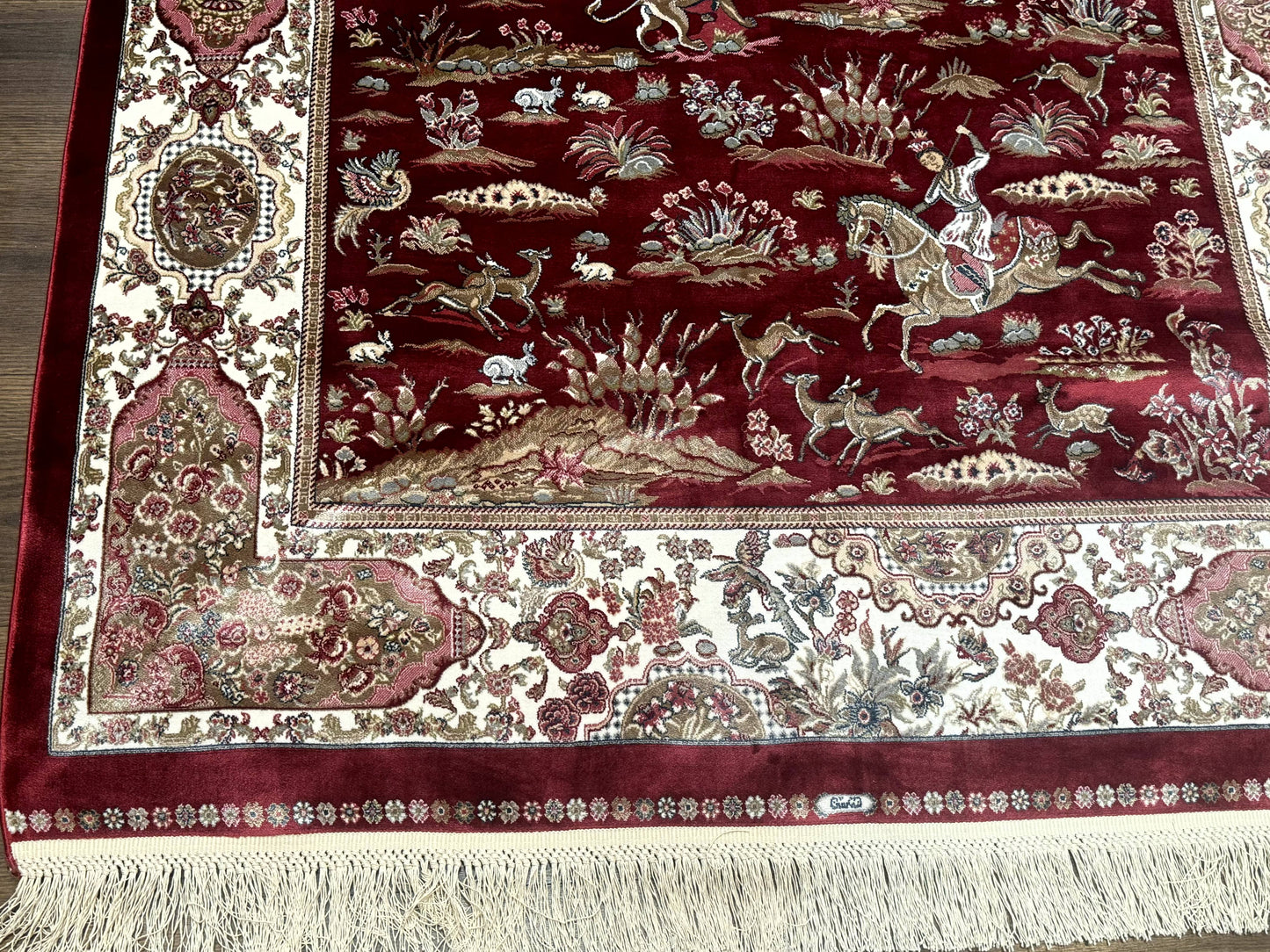 Turkish Silk Hunting Design Rug 4x6, Dark Red & Ivory, Bamboo Silk, New - Nuvé