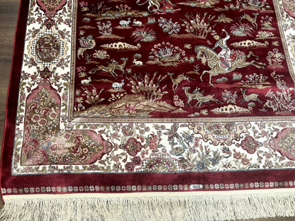 Turkish Silk Hunting Design Rug 4x6, Dark Red & Ivory, Bamboo Silk, New - Nuvé