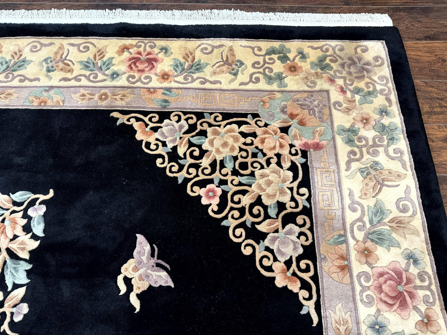 Chinese Wool Rug 9x12, Chinese Carving Carpet, Floral Medallion, Black and Beige, Butterflies, Vintage Asian Oriental Rug, 90 Line Rug - Nuvé