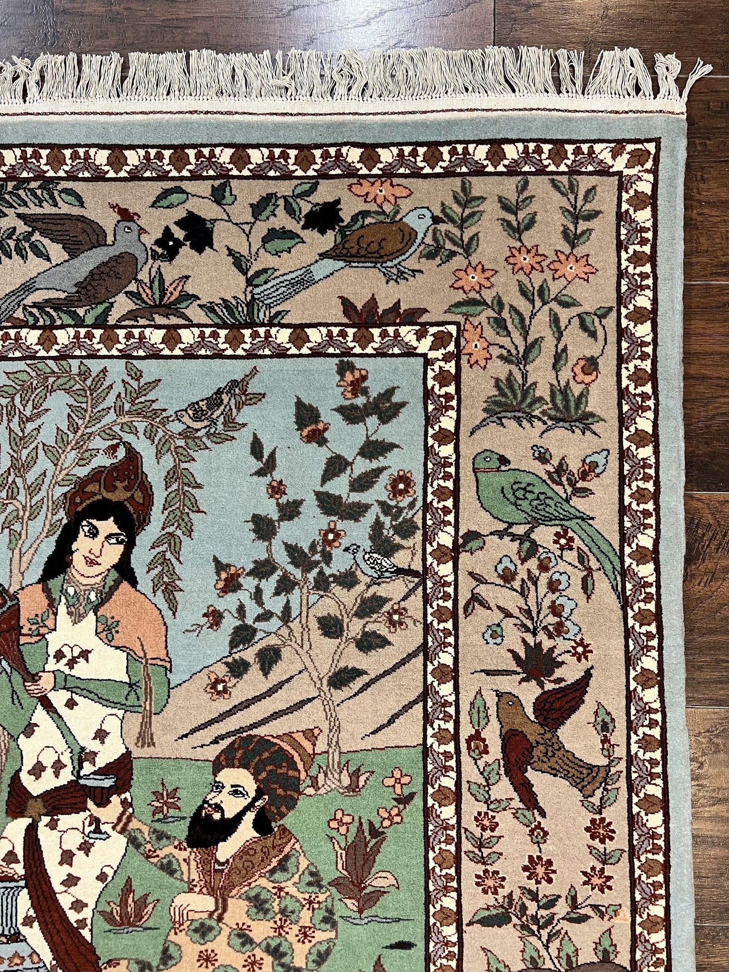 Indo Persian Pictorial Rug 4x7, Handmade Hand Knotted Wool Semi Antique Horizontal Carpet, Men & Women Drinking, Fine Rug, Bird Pictorials - Nuvé