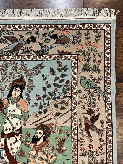 Indo Persian Pictorial Rug 4x7, Handmade Hand Knotted Wool Semi Antique Horizontal Carpet, Men & Women Drinking, Fine Rug, Bird Pictorials - Nuvé
