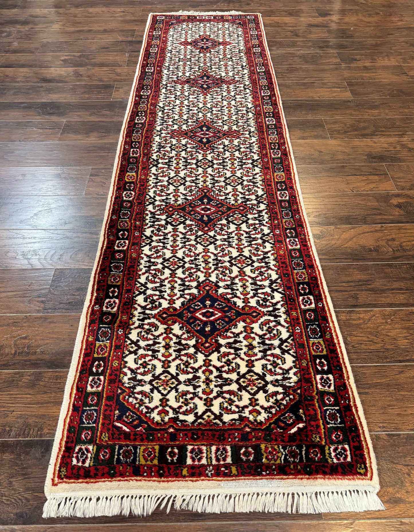 Indo Persian Bidjar Runner Rug 2.8 x 10, Vintage Rug for Hallway, 10ft Runner, Wool Handmade Ivory and Red, Medallions - Nuvé
