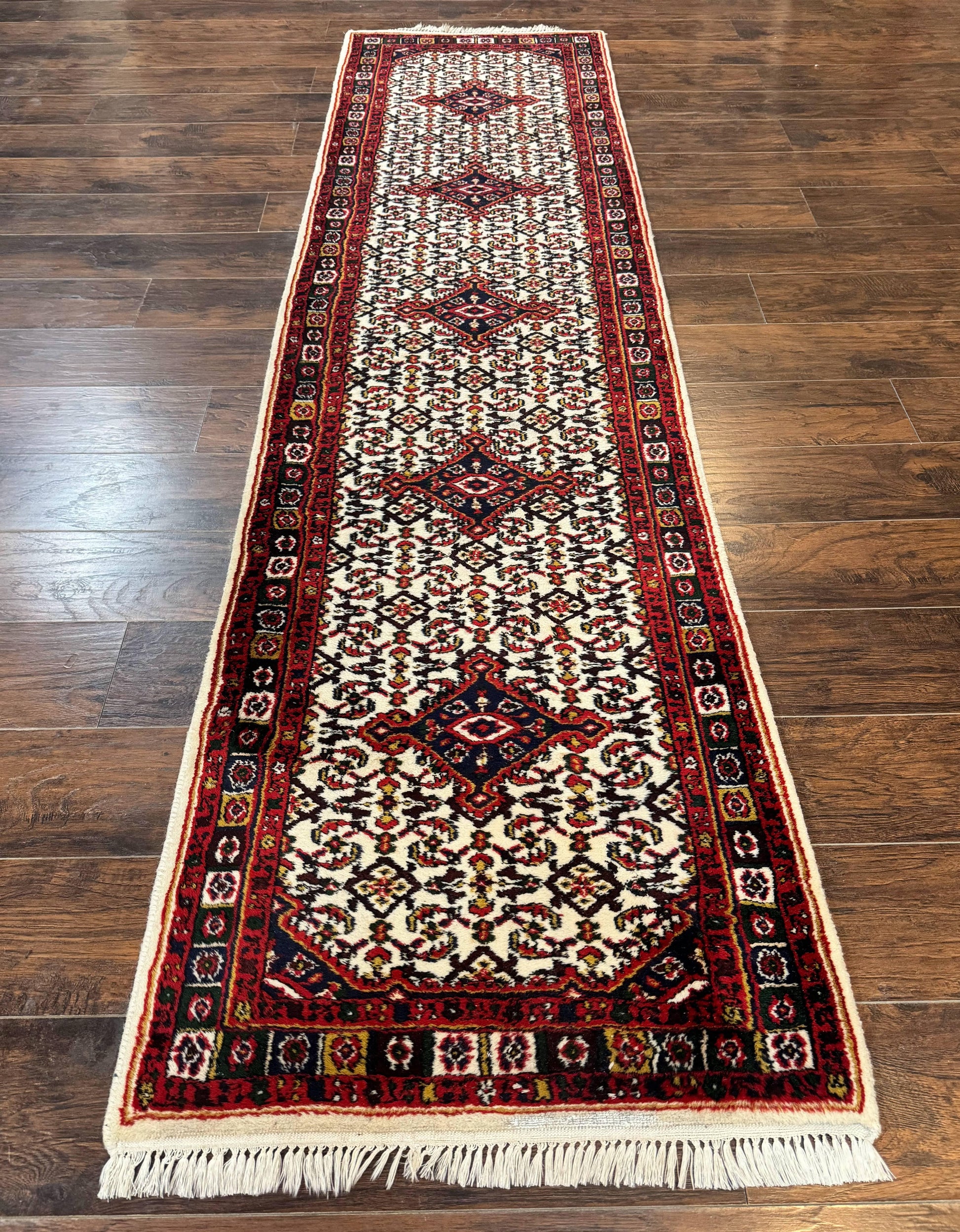 Indo Persian Bidjar Runner Rug 2.8 x 10, Vintage Rug for Hallway, 10ft Runner, Wool Handmade Ivory and Red, Medallions - Nuvé