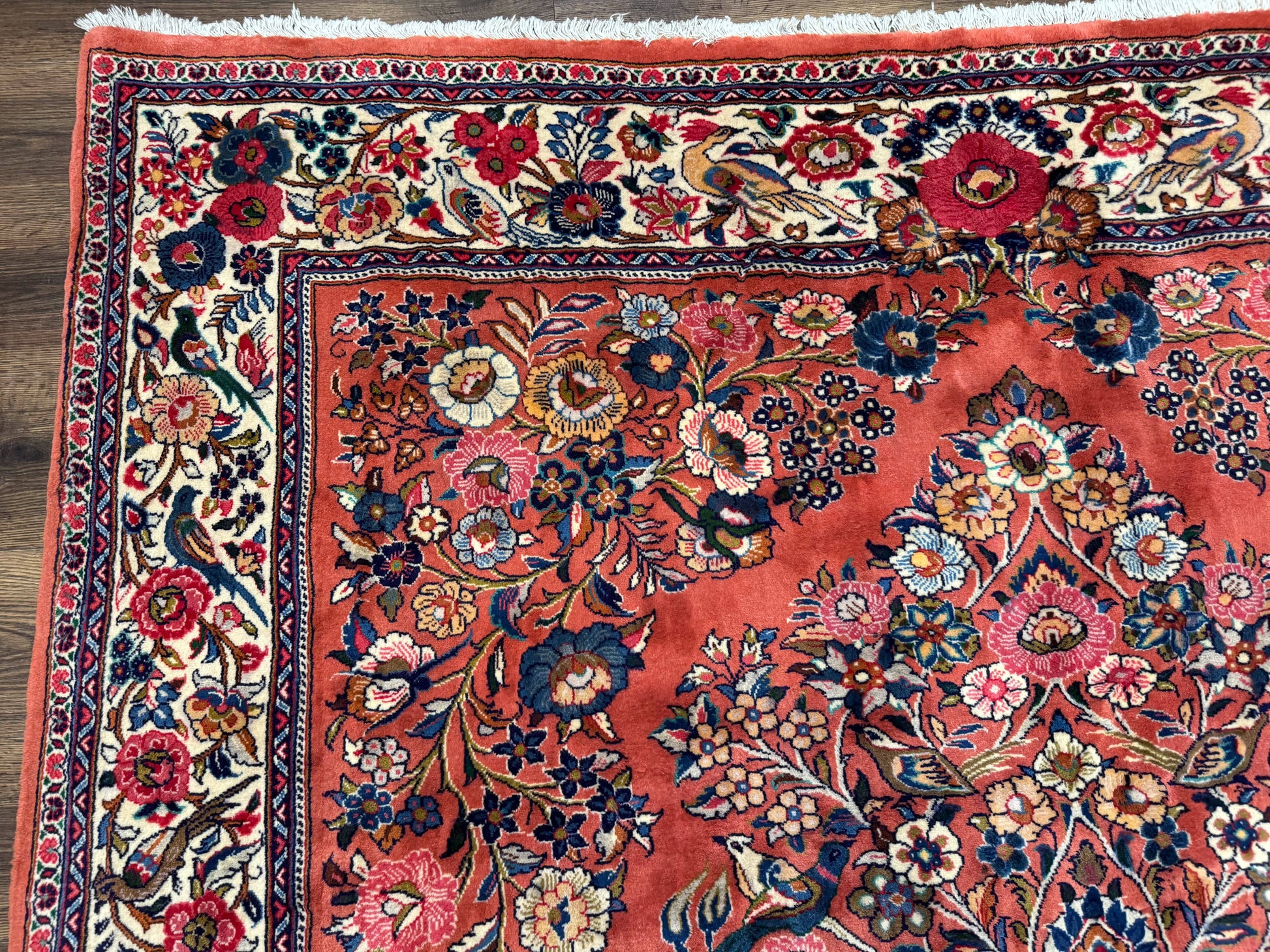 Persian Sarouk Rug 7x10, Red and Ivory, Floral Bouquets, Birds - Nuvé