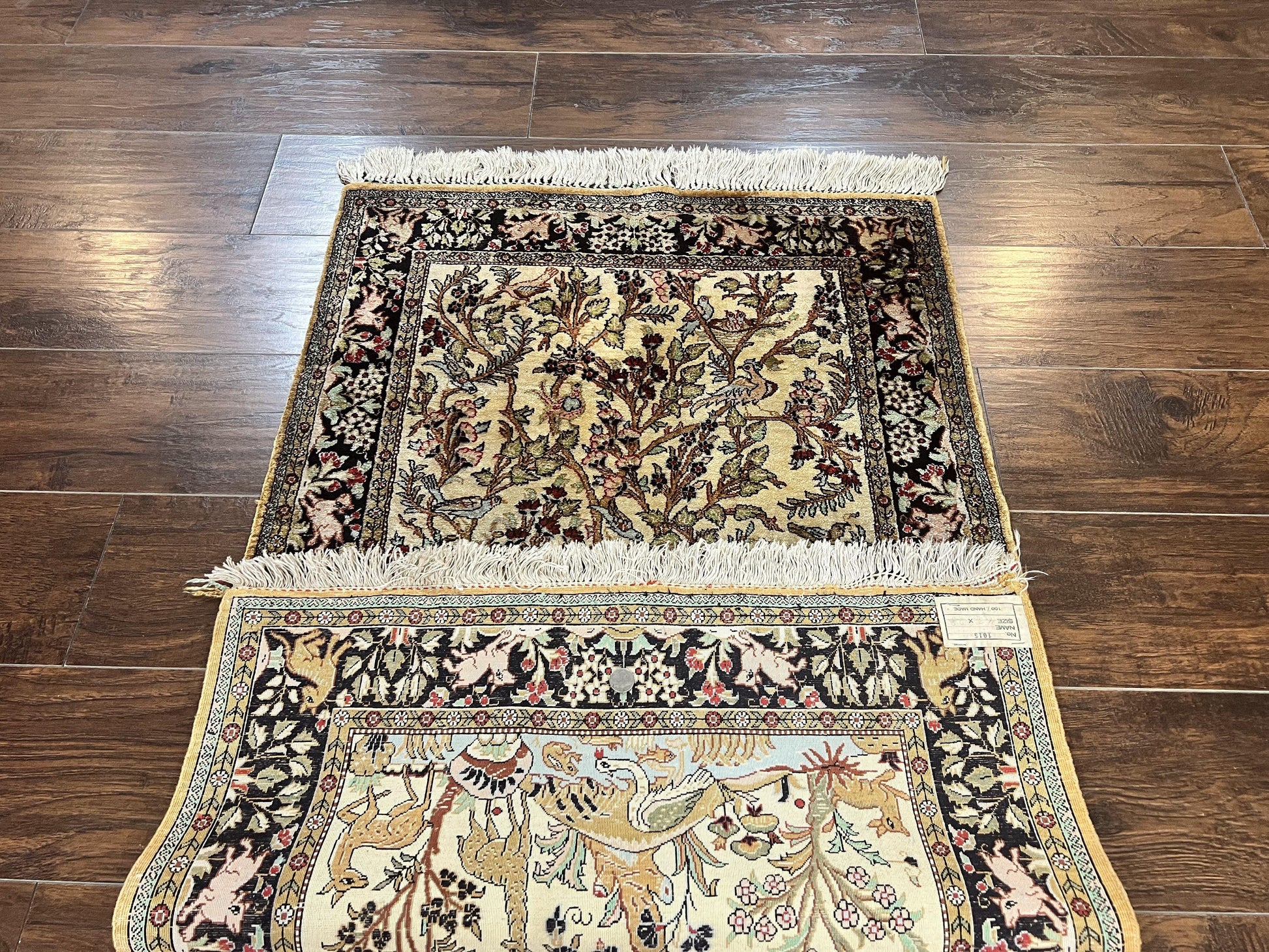 Silk Tree of Life Persian Qum Rug 3x4, Hand Knotted Vintage Carpet, Cream & Black, Very Fine Oriental Rug, Animal Pictorials, Birds - Nuvé