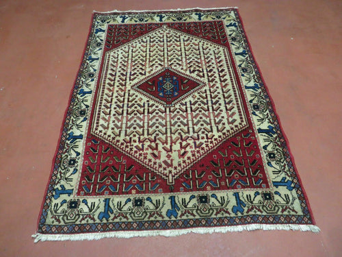 3' X 5' Vintage Handmade India Geometric Oriental Wool Rug Nice Birds Ivory Red - Nuvé