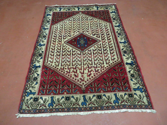 3' X 5' Vintage Handmade India Geometric Oriental Wool Rug Nice Birds Ivory Red - Nuvé