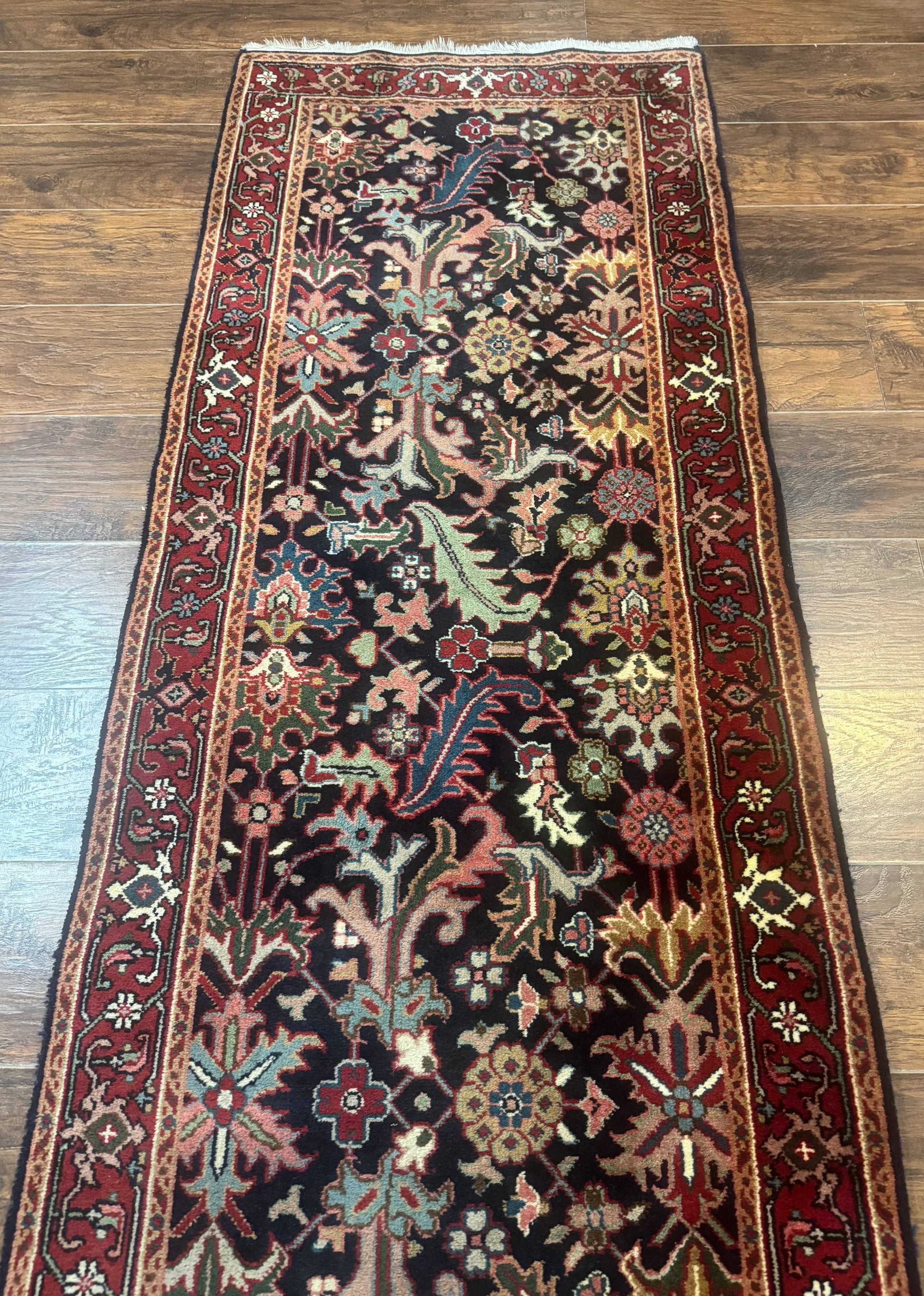 Indo Persian Runner Rug 2.7 x 13, Navy Blue and Red, Allover Floral, Wool, 13ft Runner - Nuvé
