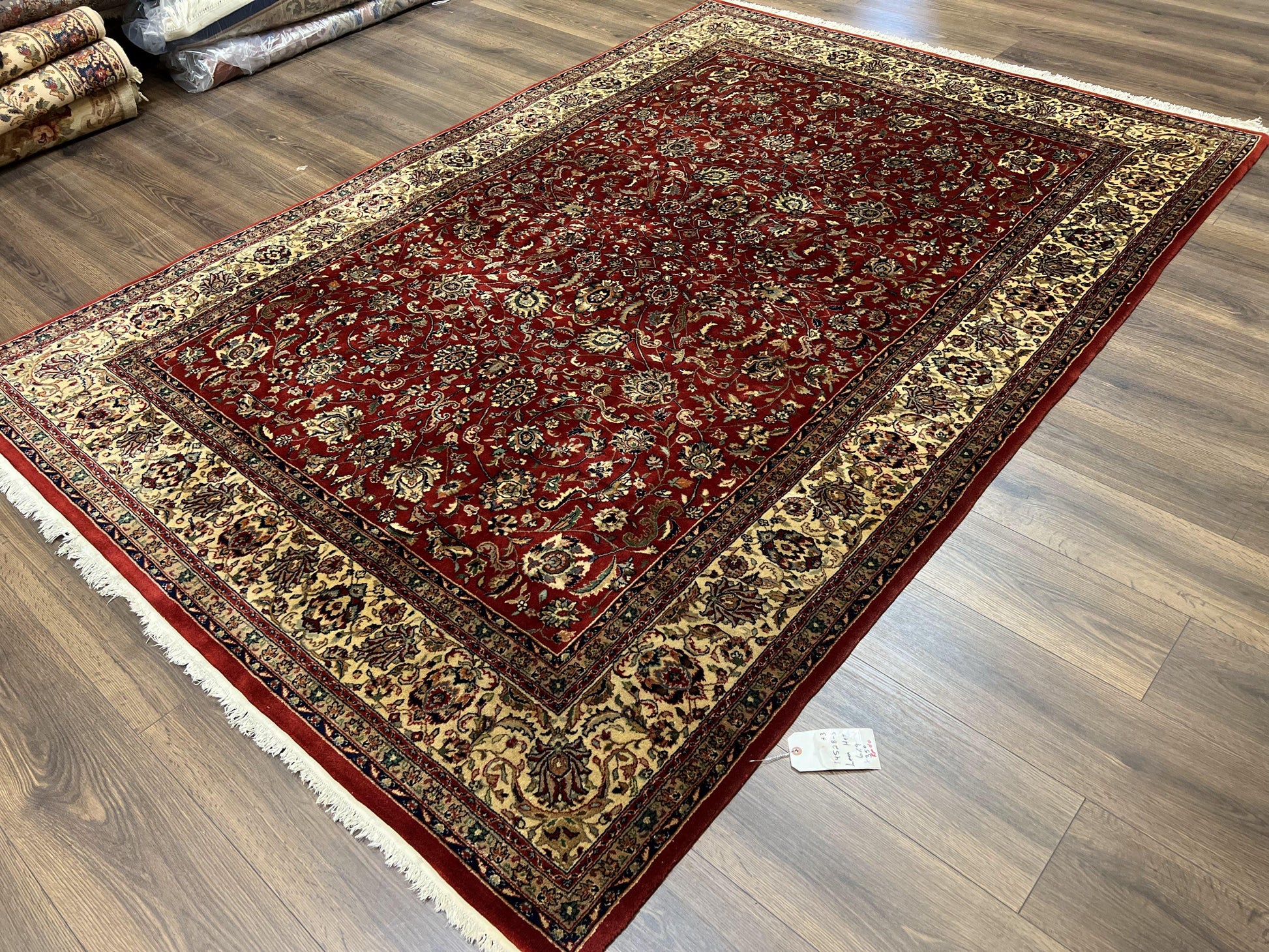Vintage Indo Persian Rug 6x9, Very Finely Hand-Knotted Carpet 6 x 9 Red Cream Indian Oriental Carpet, Traditional Floral Wool Area Rug 1970s - Nuvé