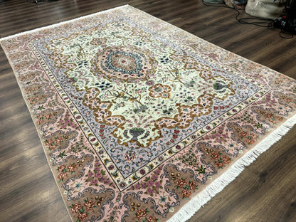 Wonderful Persian Tabriz Rug 7x10, Very Fine 330 KPSI, Light Green Light Blue Pink, Kork Wool Silk Foundation, Bird Pictorials - Nuvé