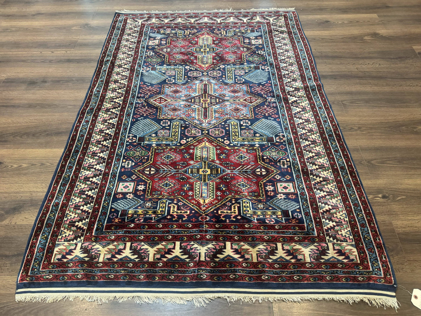 Indian Rug with Caucasian Design, 4x6 Geometric Carpet, Navy Blue and Cream - Nuvé