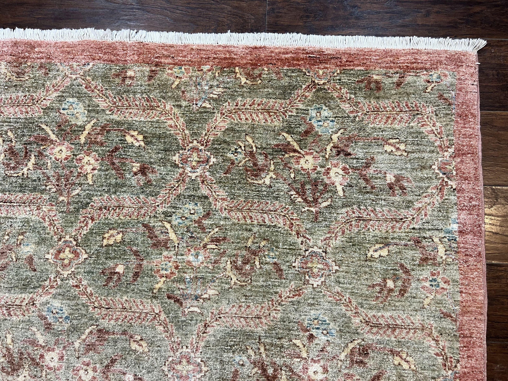 Large Modern Pakistani Rug 9x12, Handmade Wool Carpet, Peshawar Rug, Hand Knotted Oriental Rug, Contemporary, Floral, Light Green - Nuvé