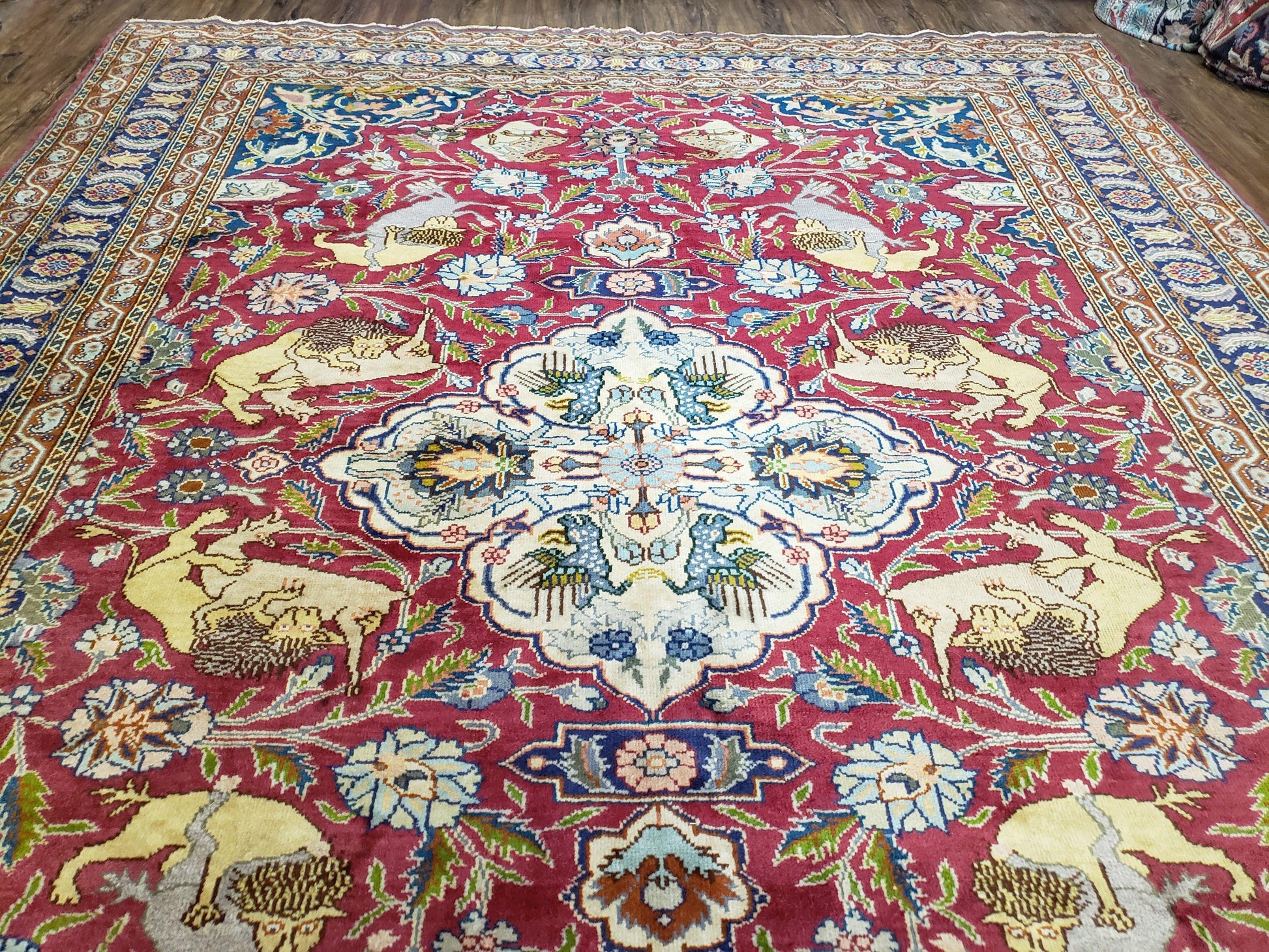Antique Turkish Sivas Area Rug 8x11, Hand-Knotted, Vintage Red Wool Carpet, Gazelles Lions, Boteh Border, 8' x 11' Top Quality Oriental Rug - Nuvé