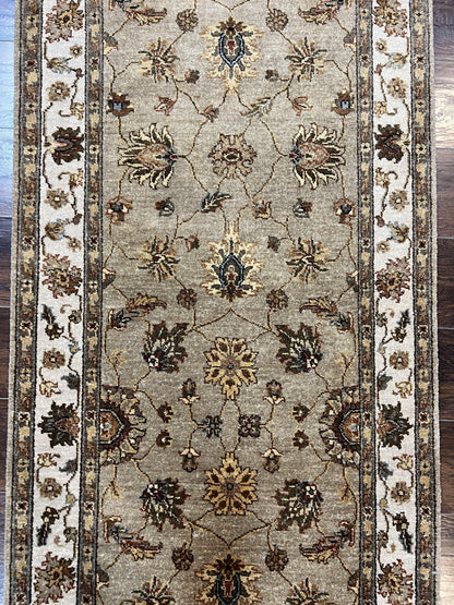 Peshawar Runner Rug 3 x 20, Wool Hand Knotted Vintage Pakistani Carpet, Olive Green & Ivory, Extra Long 20ft Hallway Runner, Floral - Nuvé