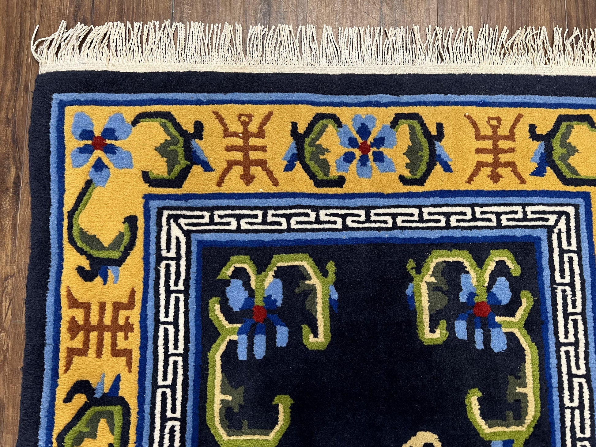 Chinese Art Deco Rug 3 x 5.9, Handmade Chinese Peking Carpet, Dark Blue and Gold, Medallion, Asian Oriental 3x6 Hand Knotted Vintage Rug - Nuvé