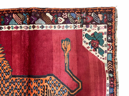Antique Persian Gabbeh Wool Rug 4x5, Lion Pictorial Rug, Red Orange Black, Hand Knotted Handmade Vintage Gabbeh Carpet 4 x 5 ft, Tribal Rug - Nuvé