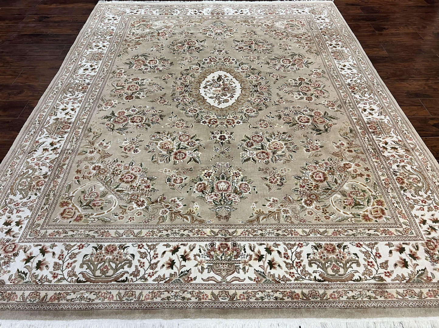 Sino Persian Rug 8x10, Soft Wool, Silk Highlights, Hand Knotted Vintage Carpet, Taupe & Ivory, Floral, Traditional Rug 8 x 10 - Nuvé