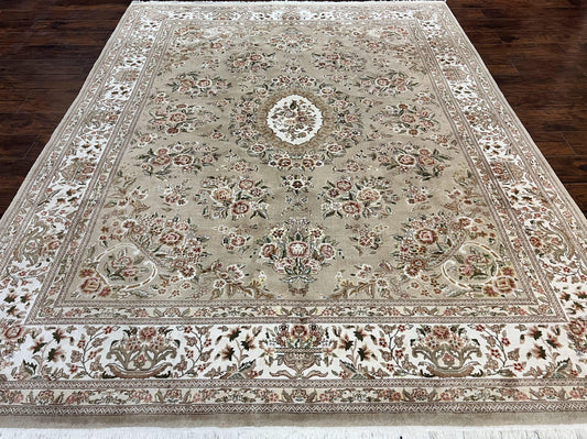 Sino Persian Rug 8x10, Soft Wool, Silk Highlights, Hand Knotted Vintage Carpet, Taupe & Ivory, Floral, Traditional Rug 8 x 10 - Nuvé