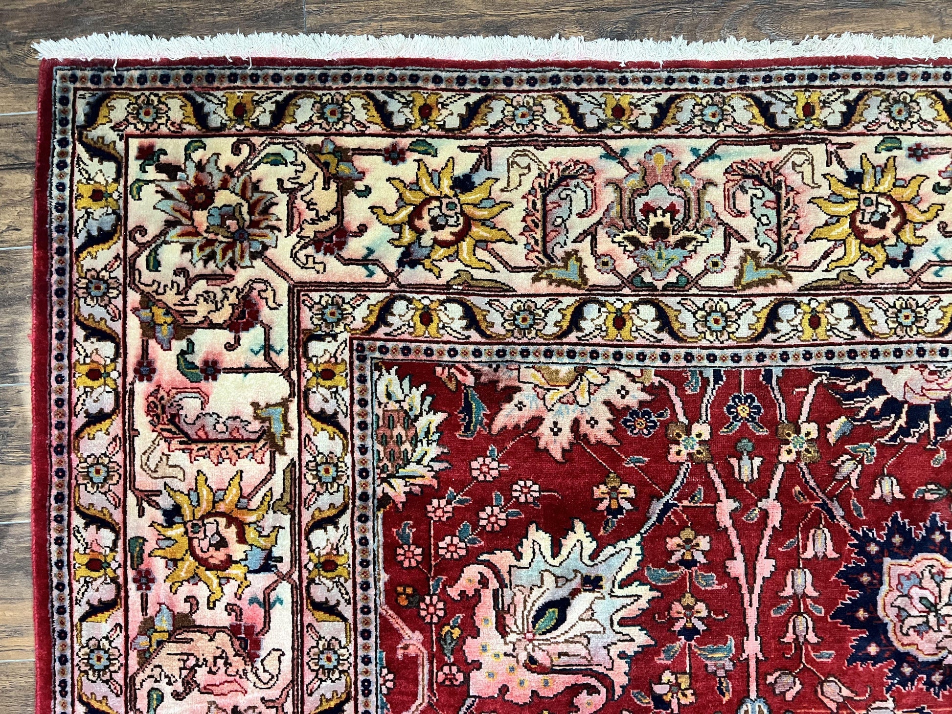 Persian Tabriz Rug 10x12, Floral Allover, Handmade Vintage Wool Carpet, Red and Cream - Nuvé