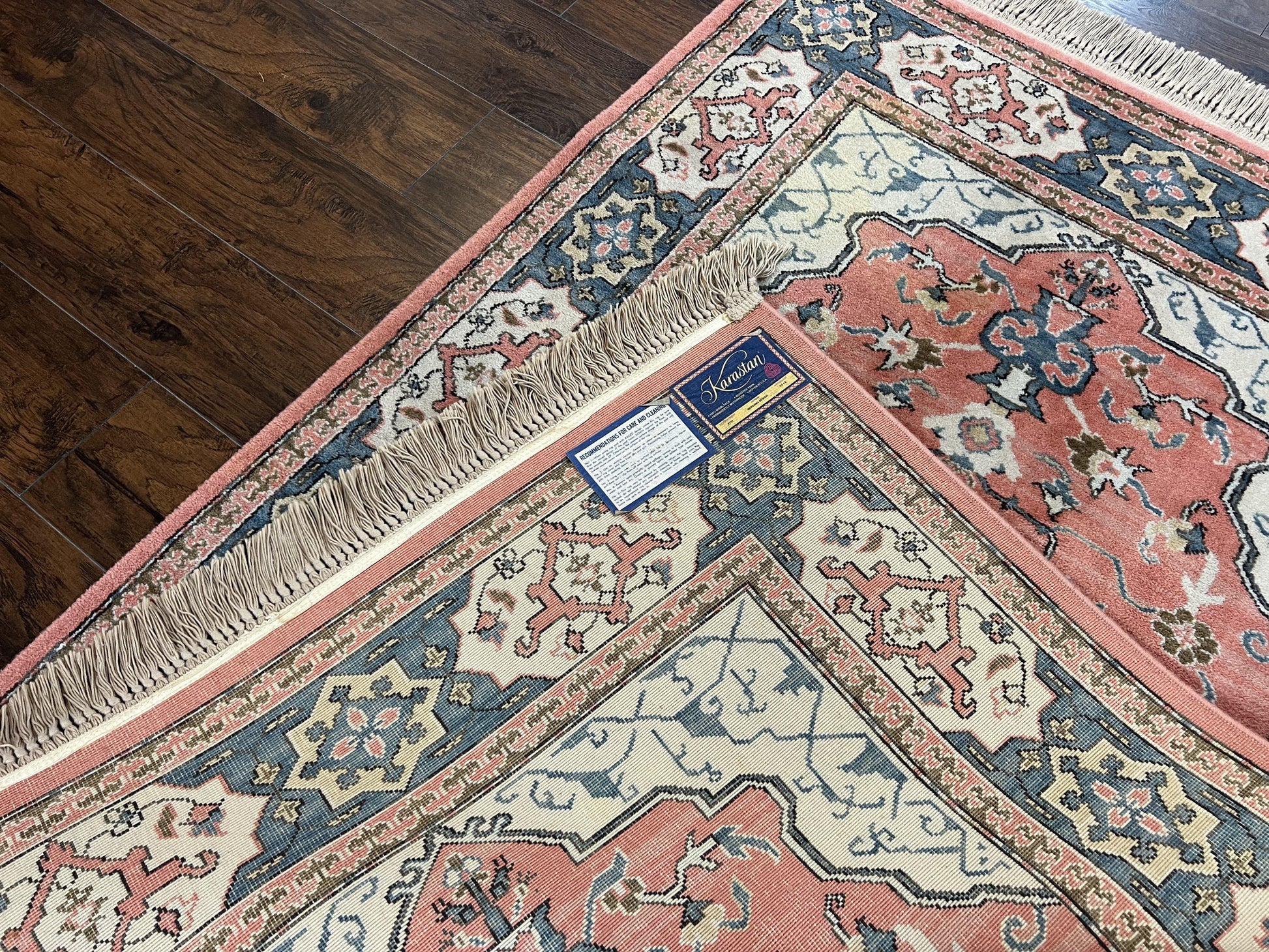 Karastan Rug 4x6 Bergama Design #737, Karastan Area Rug, Vintage Wool Karastan Carpet, Original Collection 700 Series, Salmon Red Light Blue - Nuvé