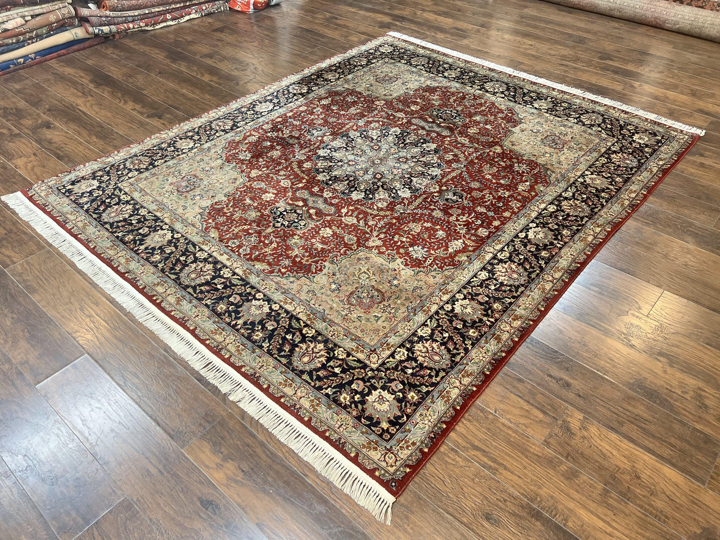 Pak Persian Rug 8x10, Wool Hand Knotted Vintage Carpet, Dark Red & Navy Blue, Dome Design Floral Medallion Rug, 8 x 10 Oriental Rug - Nuvé