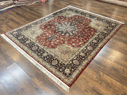 Pak Persian Rug 8x10, Wool Hand Knotted Vintage Carpet, Dark Red & Navy Blue, Dome Design Floral Medallion Rug, 8 x 10 Oriental Rug - Nuvé