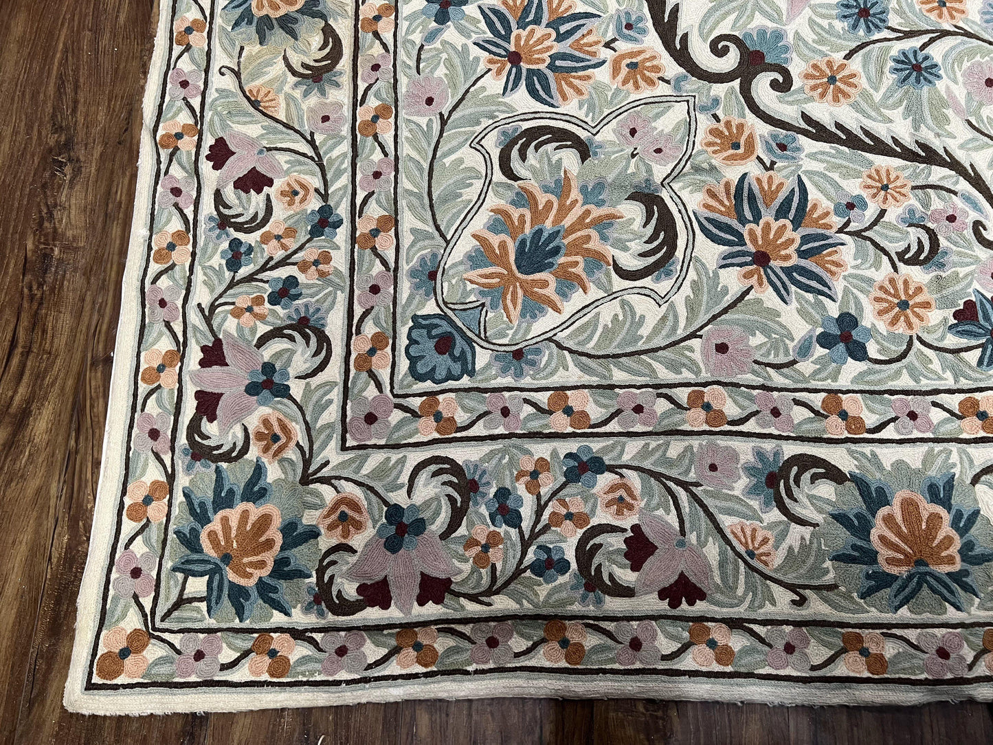 Chain Stitched Rug 9x12 Vintage Carpet 9 x 12 Flatweave Rug, Ivory Teal Rug, Area Rug 9 by 12, Hand Stitched Rug, Medallion, Indian Rug - Nuvé
