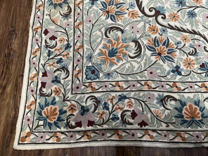 Chain Stitched Rug 9x12 Vintage Carpet 9 x 12 Flatweave Rug, Ivory Teal Rug, Area Rug 9 by 12, Hand Stitched Rug, Medallion, Indian Rug - Nuvé