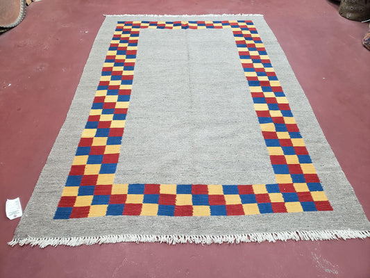 New Turkish Kilim Area Rug, Gray Carpet With Colorful Checker Border, 5'6" x 8", Flatweave Carpet, Playroom Rug, Kids Room Rug, Hand-Knotted - Nuvé