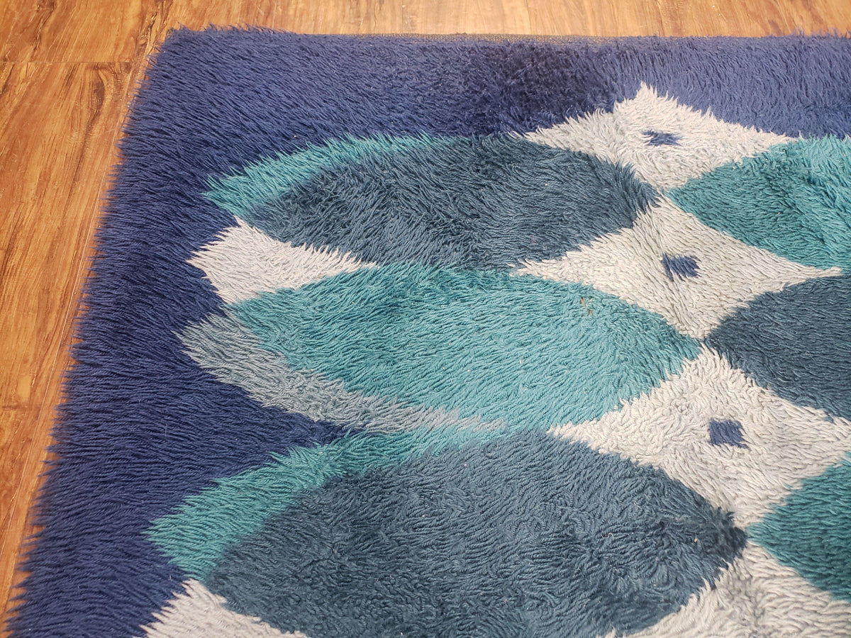 Blue Rya Rug, 1960s Mid-Century Modern Danish Shag Rug 4'6" x 6'7", Ege Rya, Abstract
