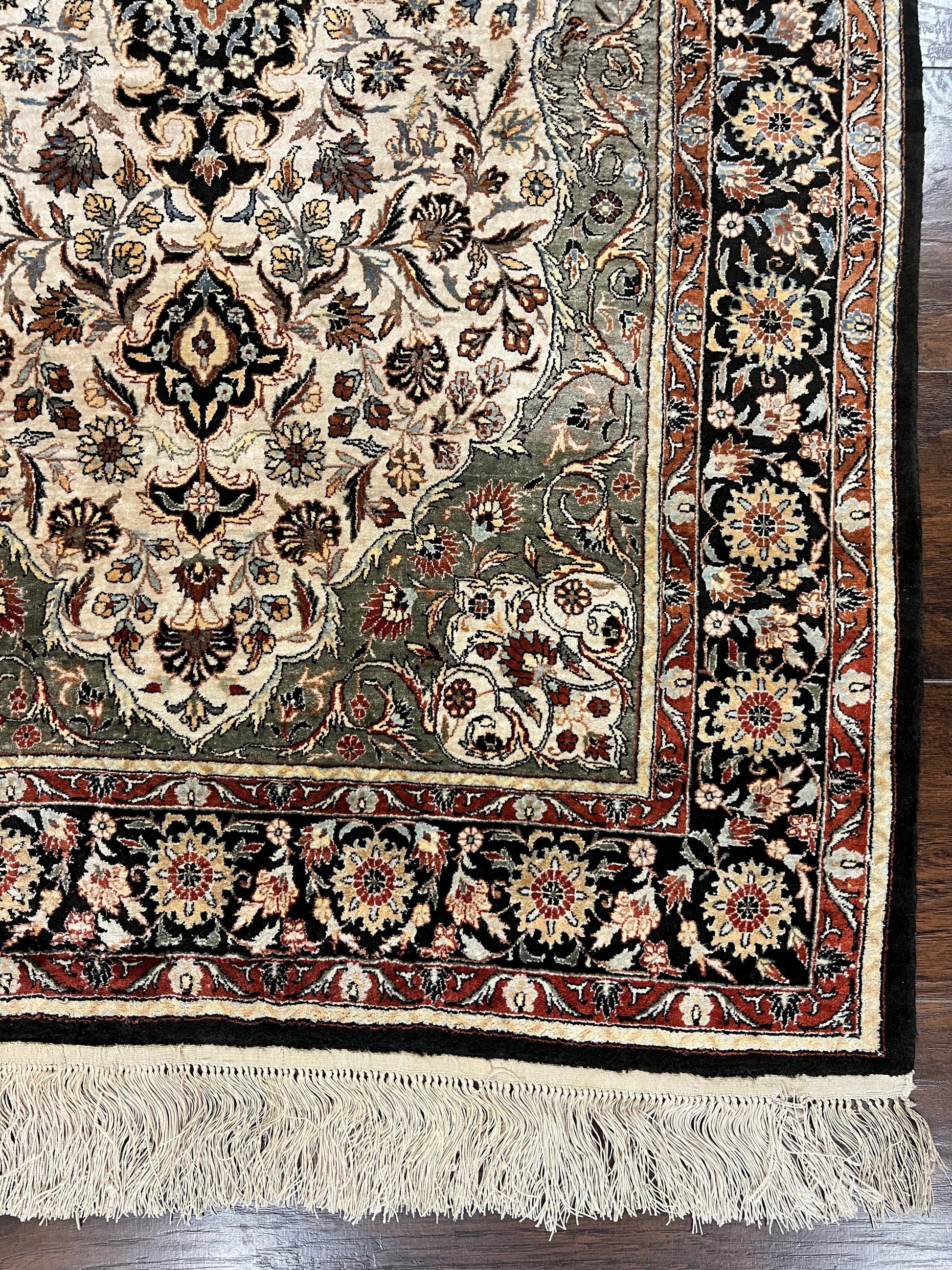 Silk Sino Persian Rug 3x5, Floral Medallion, Hand Knotted Silk Pile Silk Foundation, Traditional Silk Handmade Oriental Carpet, Cream Black - Nuvé