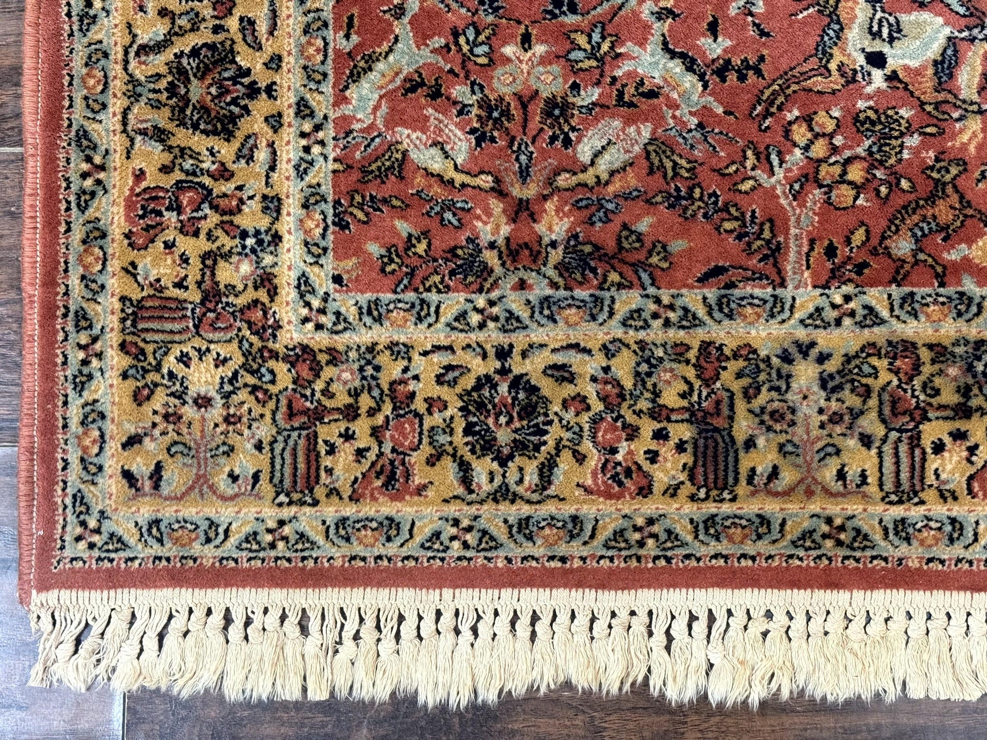 Persian Hunting Design Rug 4.7 x 6.5, Hunting Scene, Red-Orange, Wool, Belgian Power Loomed Carpet - Nuvé