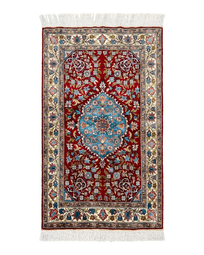 Silk Turkish Kayseri Rug 2x3, Small All Silk Turkish Carpet, Red and Light Blue, Very Fine Hand Knotted Semi Antique Vintage Handmade Rug