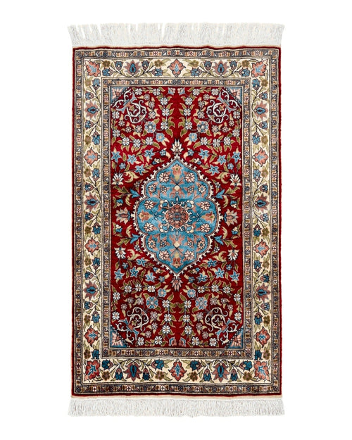 Silk Turkish Kayseri Rug 2x3, Small All Silk Turkish Carpet, Red and Light Blue, Very Fine Hand Knotted Semi Antique Vintage Handmade Rug
