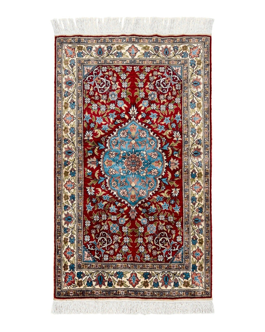 Silk Turkish Kayseri Rug 2x3, Small All Silk Turkish Carpet, Red and Light Blue, Very Fine Hand Knotted Semi Antique Vintage Handmade Rug