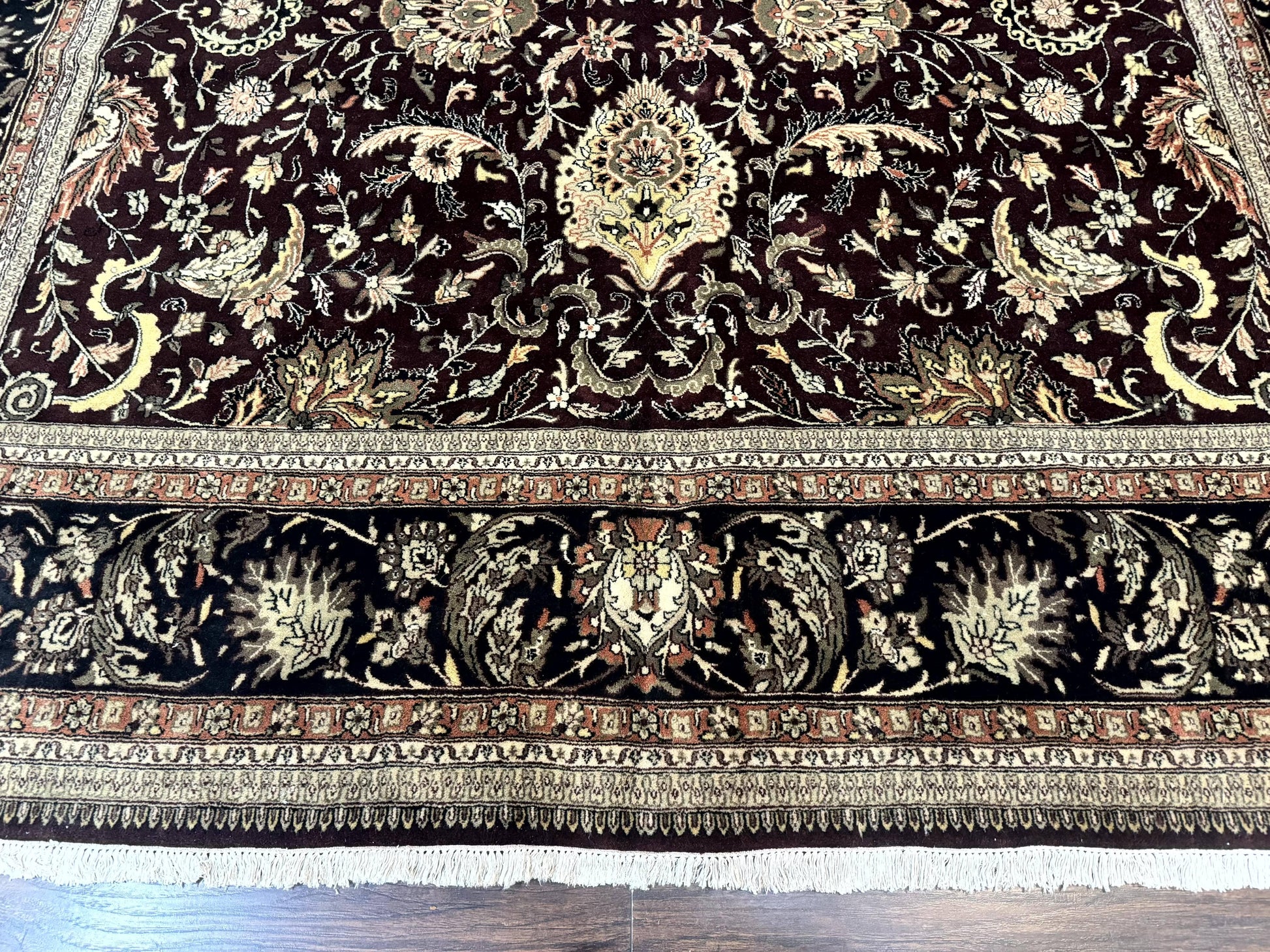 Indo Persian Rug 10x14, Floral Allover, Handmade Vintage Wool Rug, Dark Maroon/Plum and Black - Nuvé