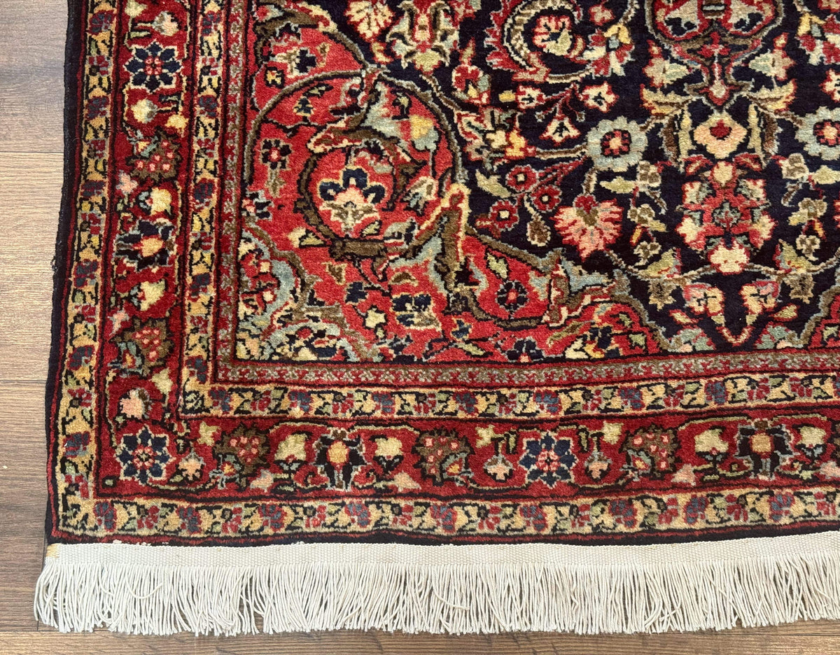 Antique Persian Sarouk Rug 4x5, Dark Blue and Red, Floral Medallion, Fine