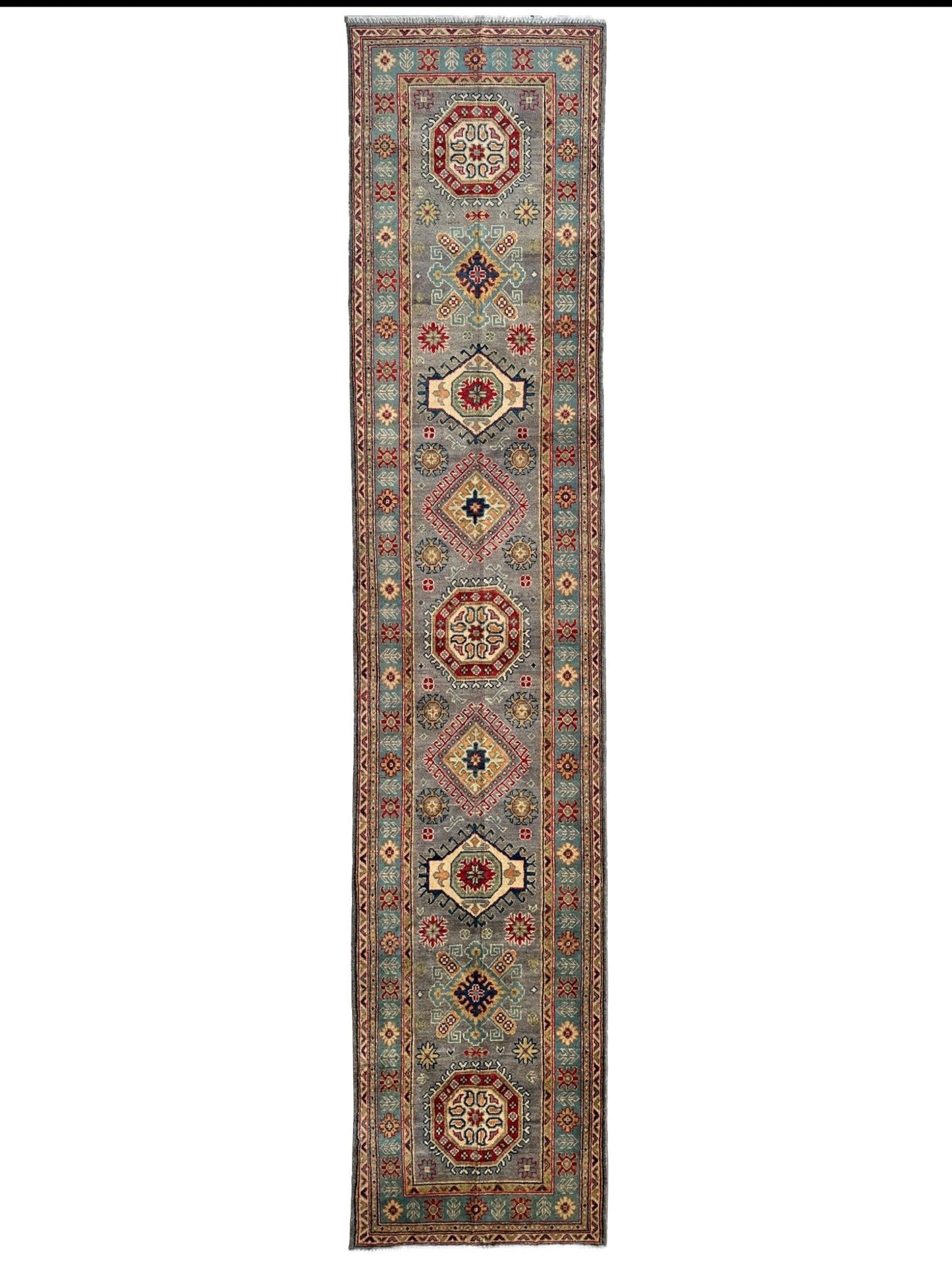 Hand-Knotted Afghan Kazak Wool Runner Rug – 2'7" x 12'3" – Traditional Geometric Design - Nuvé