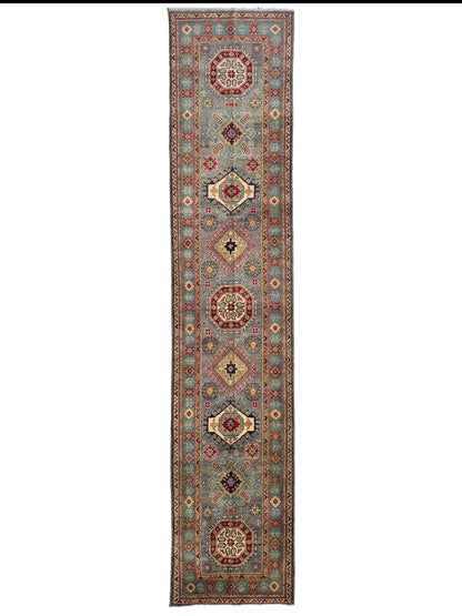 Hand-Knotted Afghan Kazak Wool Runner Rug – 2'7" x 12'3" – Traditional Geometric Design - Nuvé