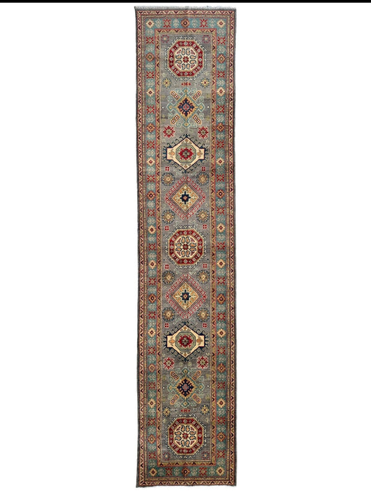 Hand-Knotted Afghan Kazak Wool Runner Rug – 2'7" x 12'3" – Traditional Geometric Design - Nuvé