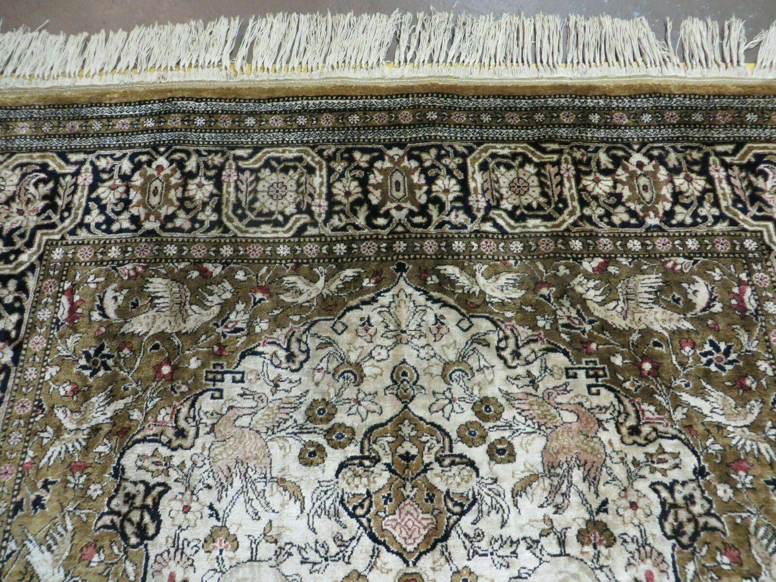 3' X 5' Fine Handmade Chinese Silk Rug Deer Birds Hand Knotted One Of A Kind - Nuvé