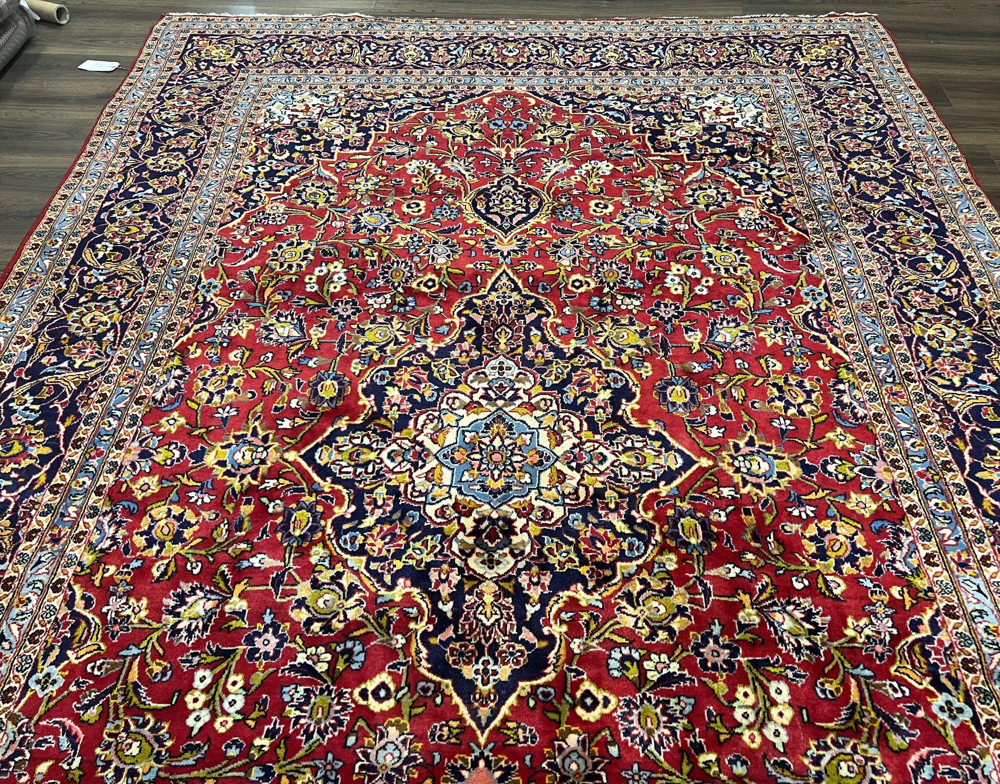 Persian Kashan Rug 9x12, Red Navy Blue, Allover Floral Medallion & Corner Design, Handmade Wool Oriental Carpet, Semi Antique Traditional Carpet - Nuvé