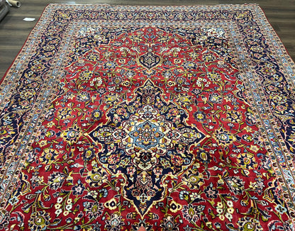 Persian Kashan Rug 9x12, Red Navy Blue, Allover Floral Medallion & Corner Design, Handmade Wool Oriental Carpet, Semi Antique Traditional Carpet - Nuvé