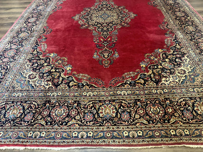 Persian Kashan Rug 9x12, Traditional, Semi Open Field, Red, Signed By Master Weaver, Antique Rug - Nuvé
