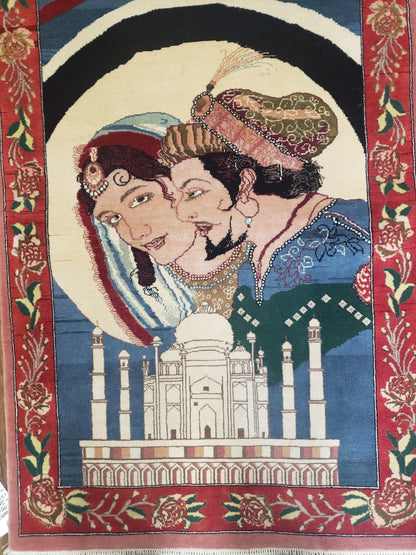 Vintage Small Pictorial Lovers Rug 2.5 x 4, Taj Mahal Indo Persian Rug, Wool Hand-Knotted Indian Rug, King & Queen, Layla and Majnun - Nuvé