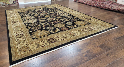 Indo Mahal Rug 8x12, Indian Sultanabad Handmade Area Rug, Vintage Hand-Knotted Wool Black Floral Traditional Oriental Dinning Room Rug - Nuvé
