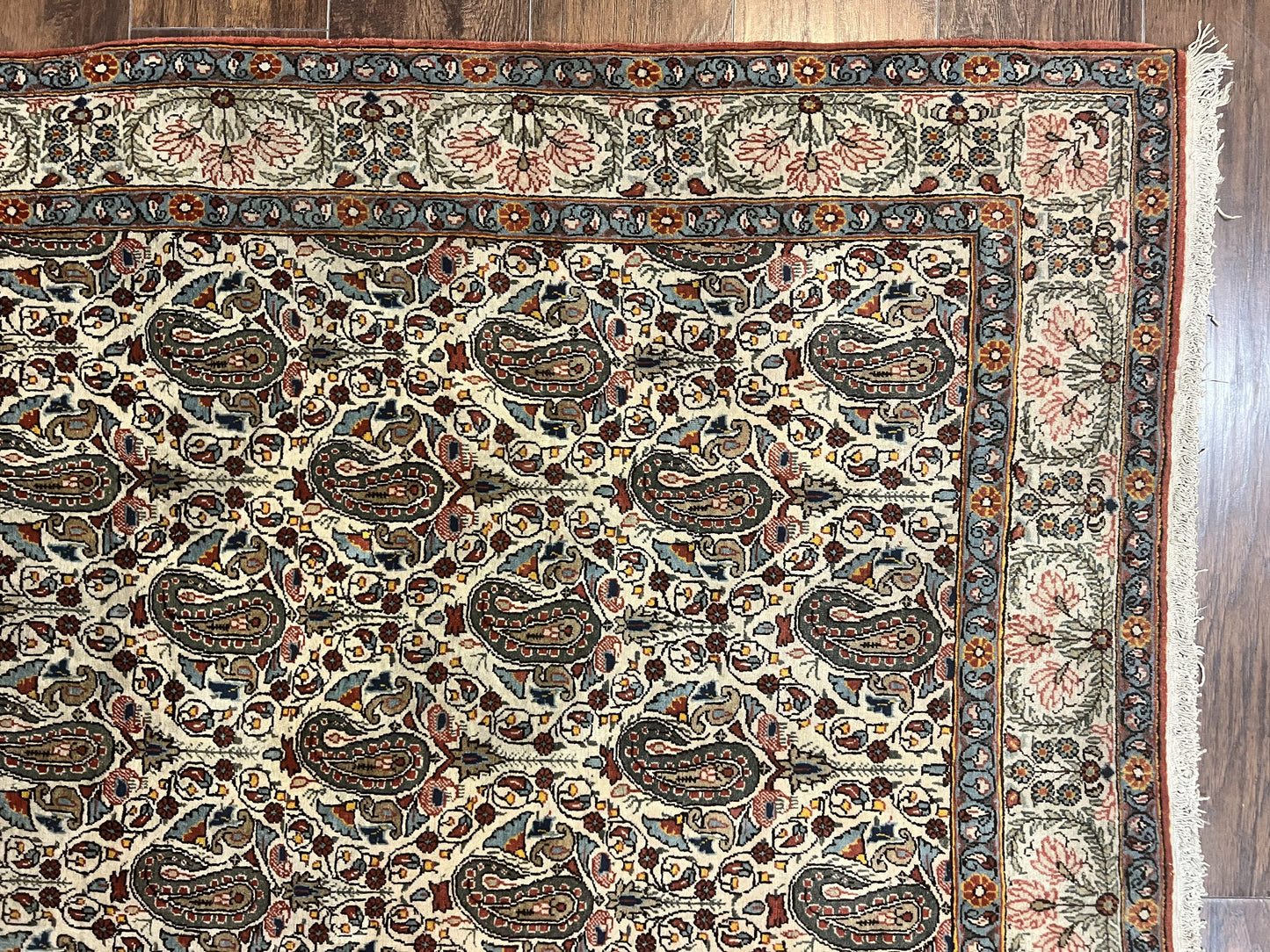 Persian Qum Rug 5x6, Cream Wool Hand Knotted Carpet, Repeated Boteh Paisely Design, Semi Antique Vintage Rug, Very Fine Weave 5 x 6 Rug - Nuvé