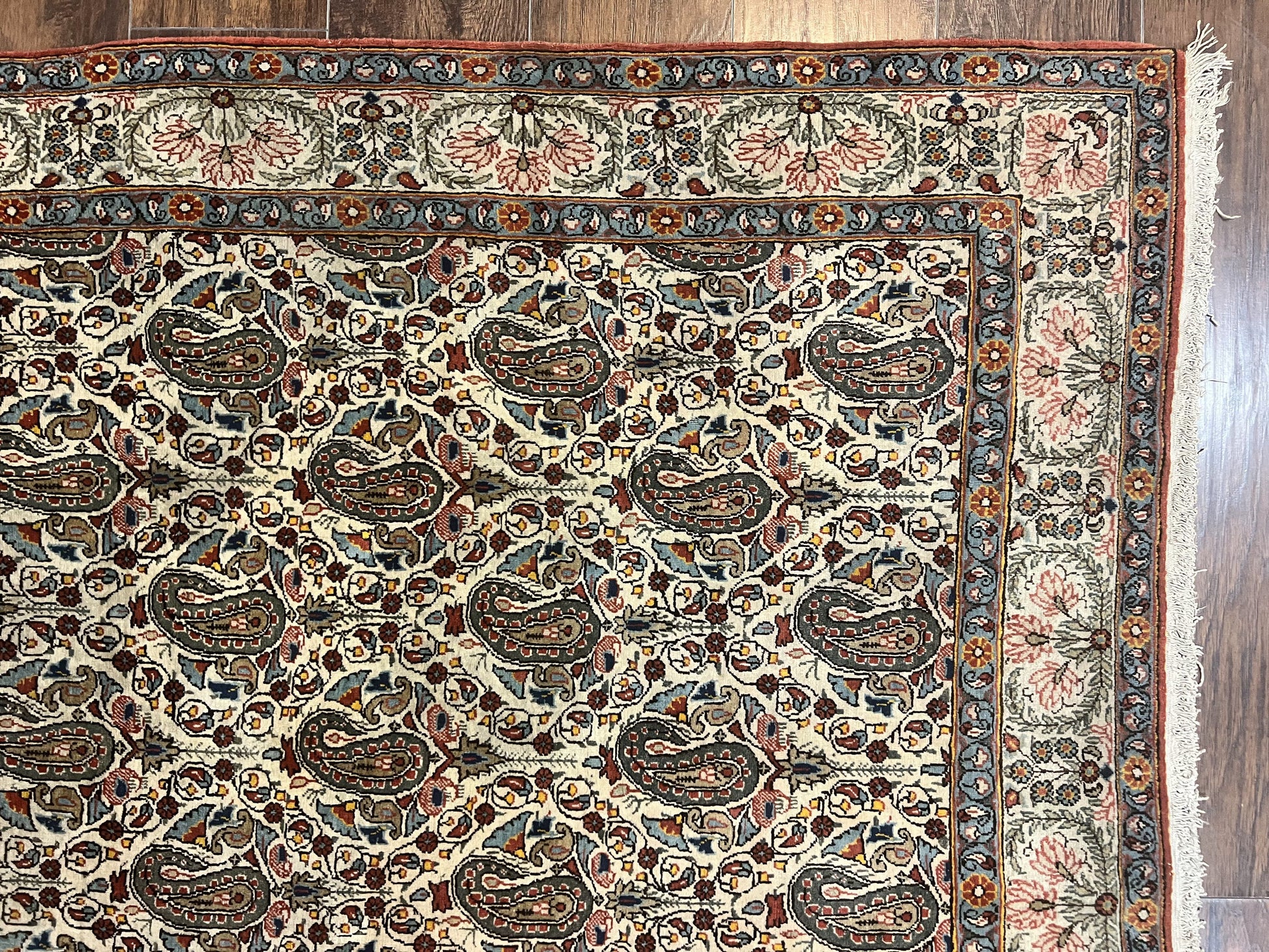 Persian Qum Rug 5x6, Cream Wool Hand Knotted Carpet, Repeated Boteh Paisely Design, Semi Antique Vintage Rug, Very Fine Weave 5 x 6 Rug - Nuvé