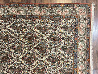Persian Qum Rug 5x6, Cream Wool Hand Knotted Carpet, Repeated Boteh Paisely Design, Semi Antique Vintage Rug, Very Fine Weave 5 x 6 Rug - Nuvé